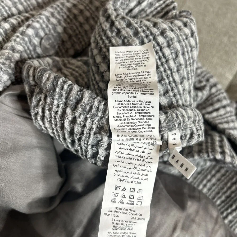 Pottery Barn King Size Duvet Cover Waffle Textured 100% Cotton Gray